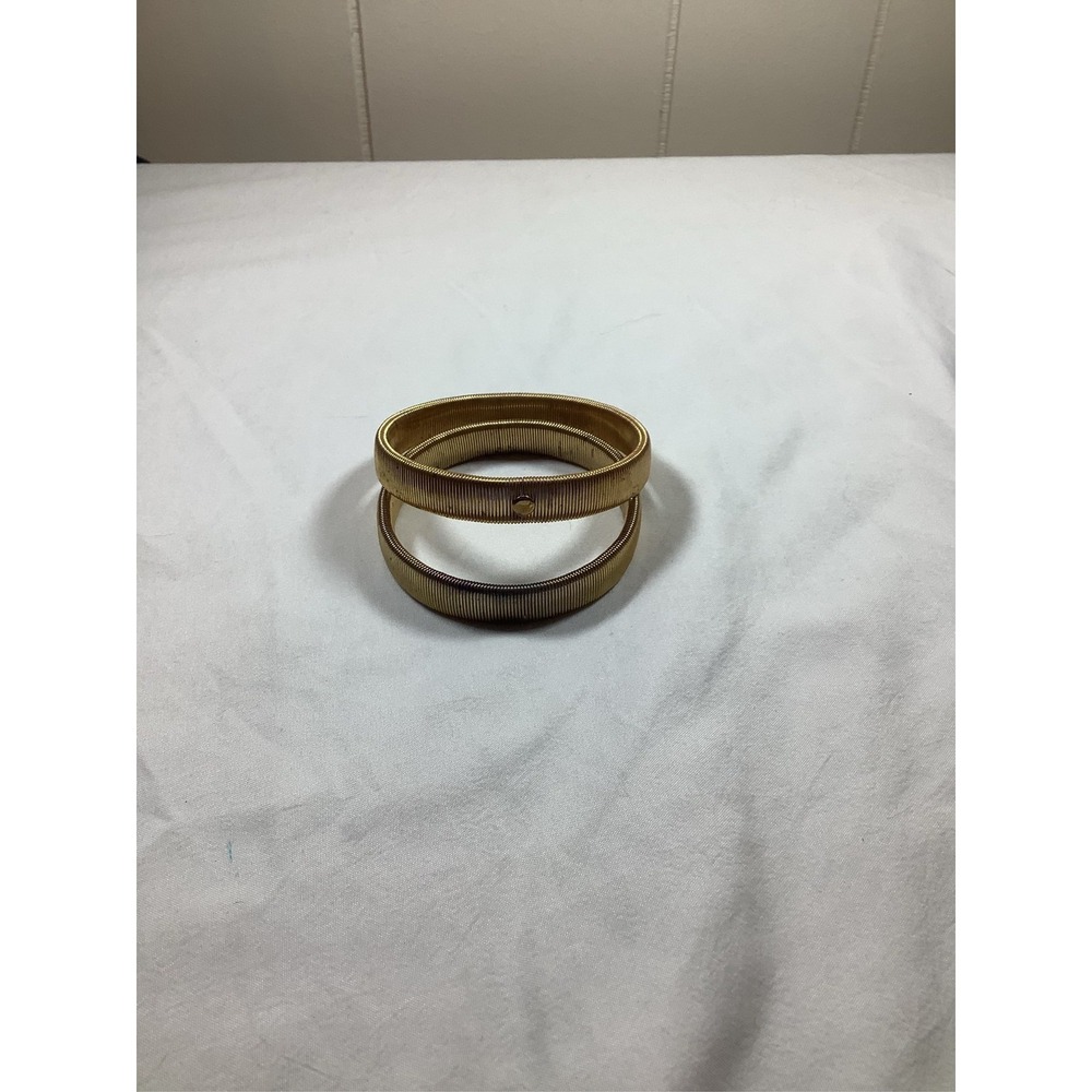 Gold Tone Ribbed Coil Stretch Bangle Bracelet Stackable Set